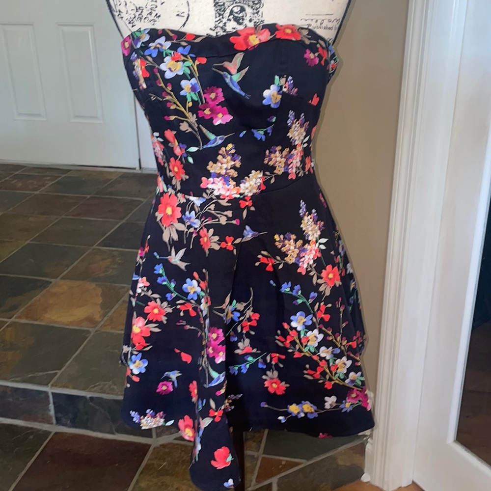 Black floral, strapless dress